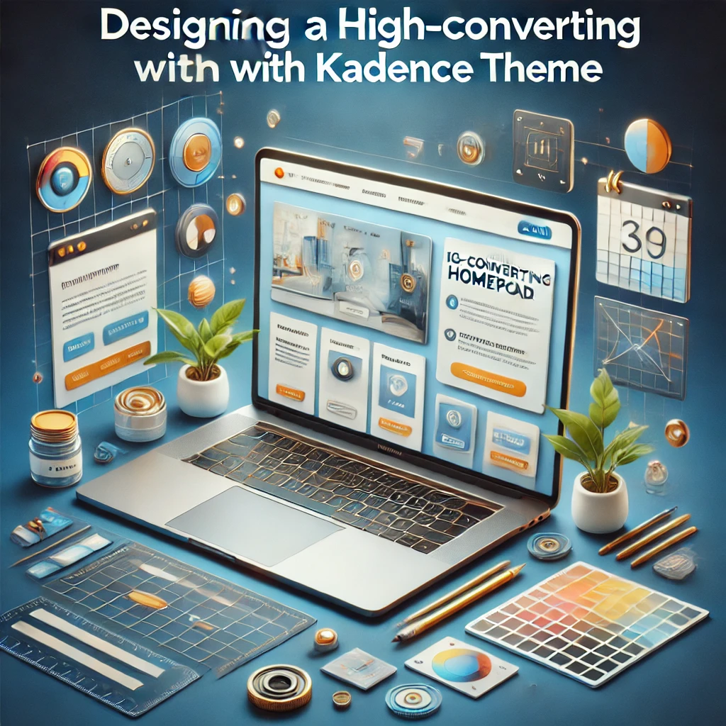 Laptop with a homepage design and design tools on a blue and gold background, titled 'Designing a High-Converting Homepage with Kadence Theme.