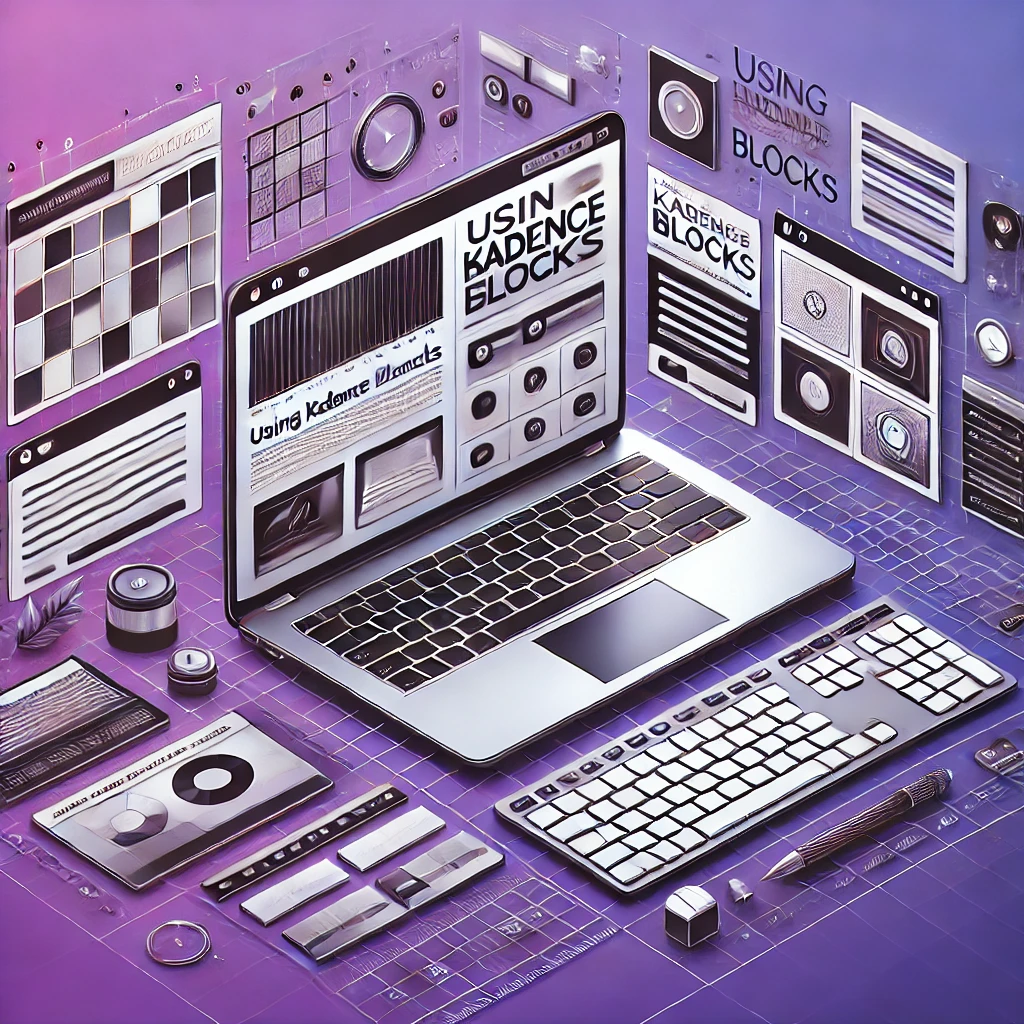 Laptop with a webpage layout and design icons on a purple gradient background, titled 'Using Kadence Blocks for Advanced Page Layouts.