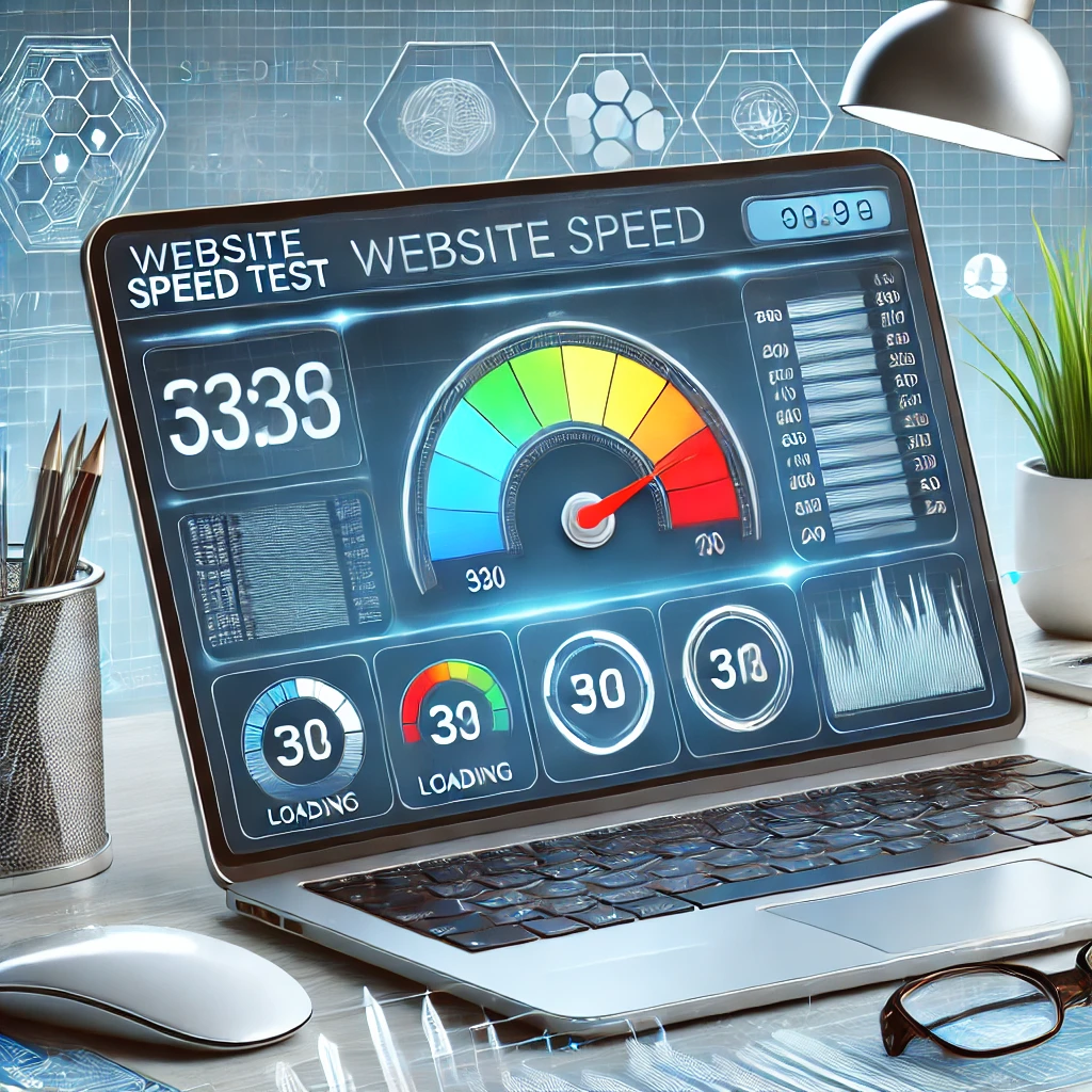 A laptop screen displaying a website speed test result. The test shows a speed meter indicating a high speed, along with various performance metrics like loading times and connection speeds.