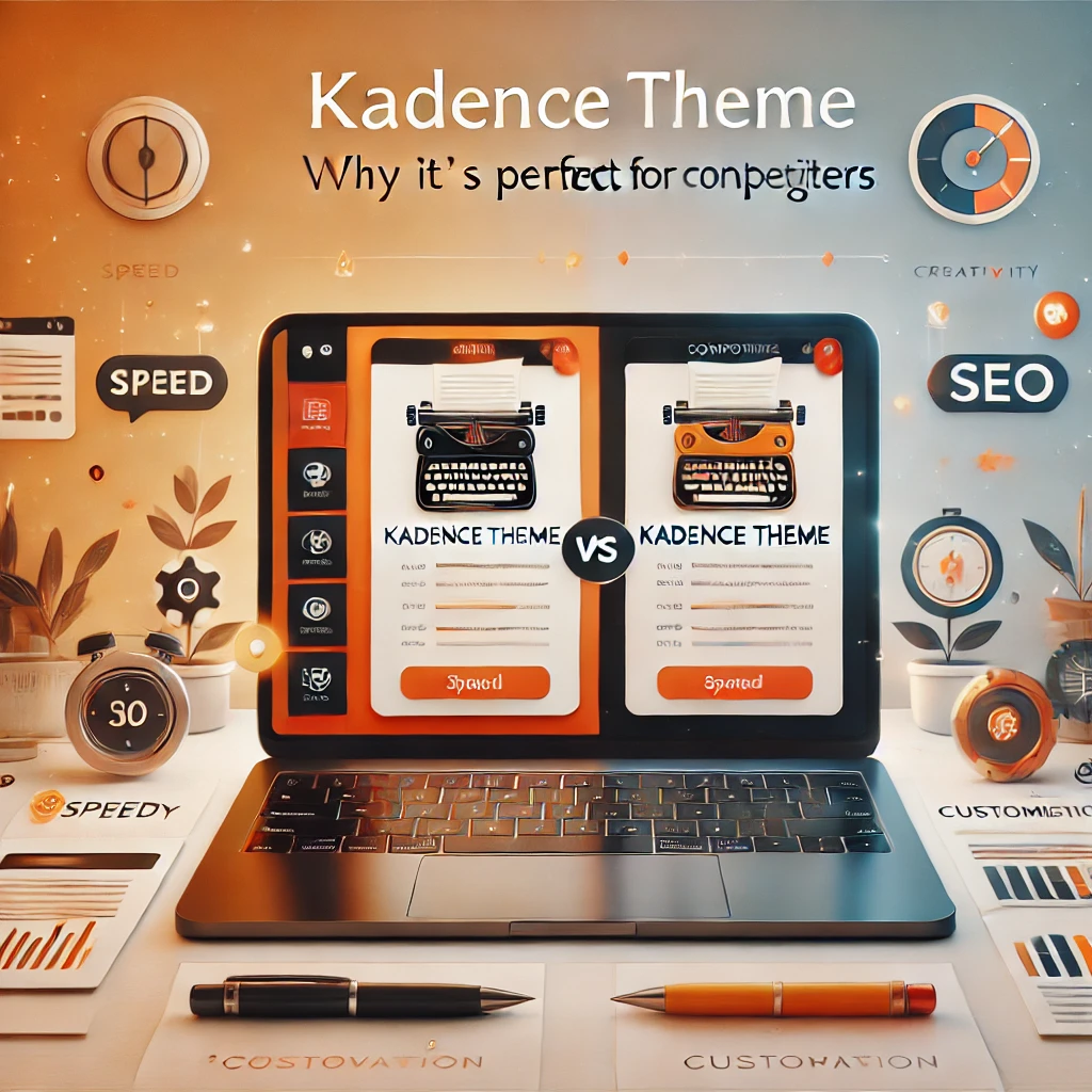 Laptop showing Kadence Theme vs competitors on an orange gradient background, titled 'Kadence Theme vs Competitors: Why It's Perfect for Bloggers.