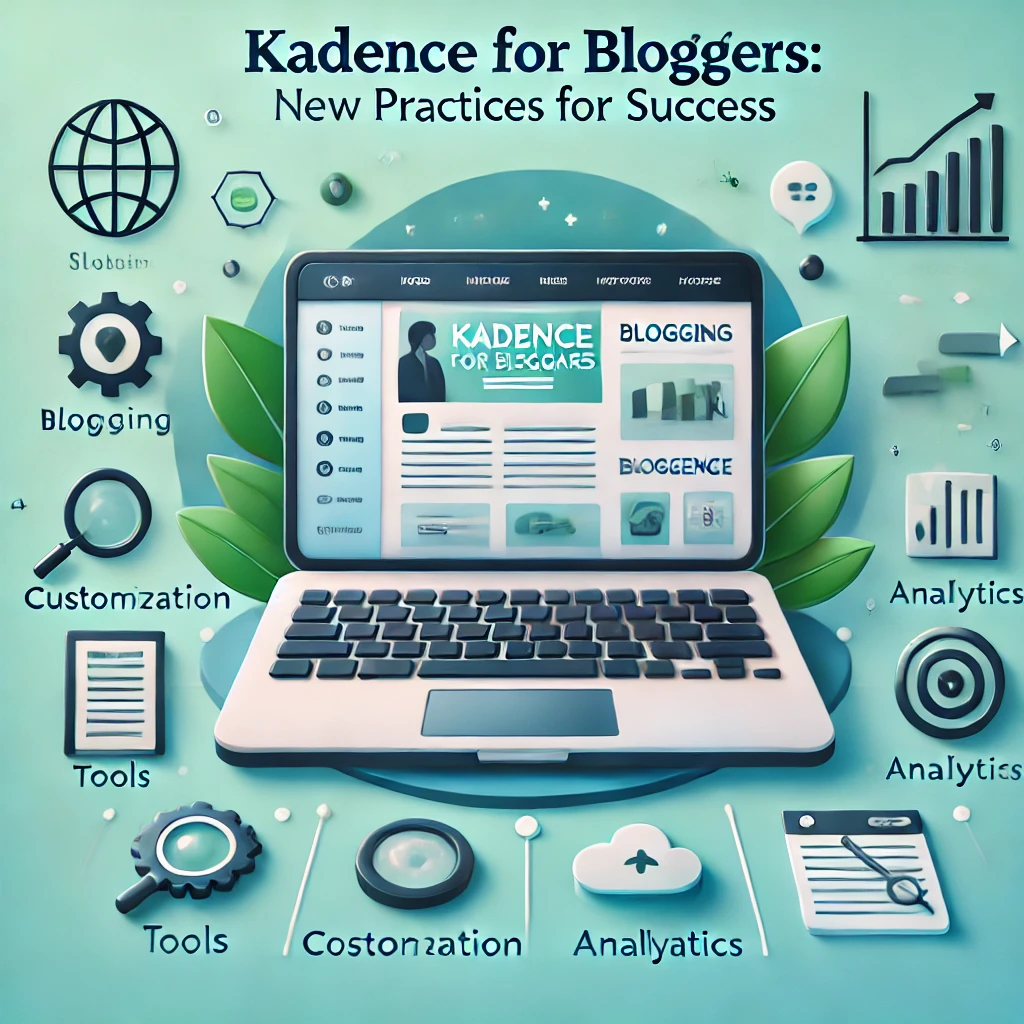 Laptop with a stylish blog layout and blogging icons on a blue-green gradient background, titled 'Kadence for Bloggers: Best Practices for Success.