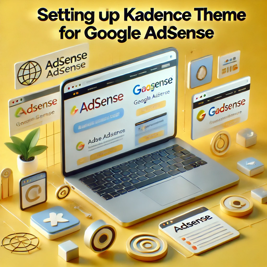 Laptop showing AdSense ad placements with monetization icons on a yellow gradient background, titled 'Setting Up Kadence Theme for Google AdSense.