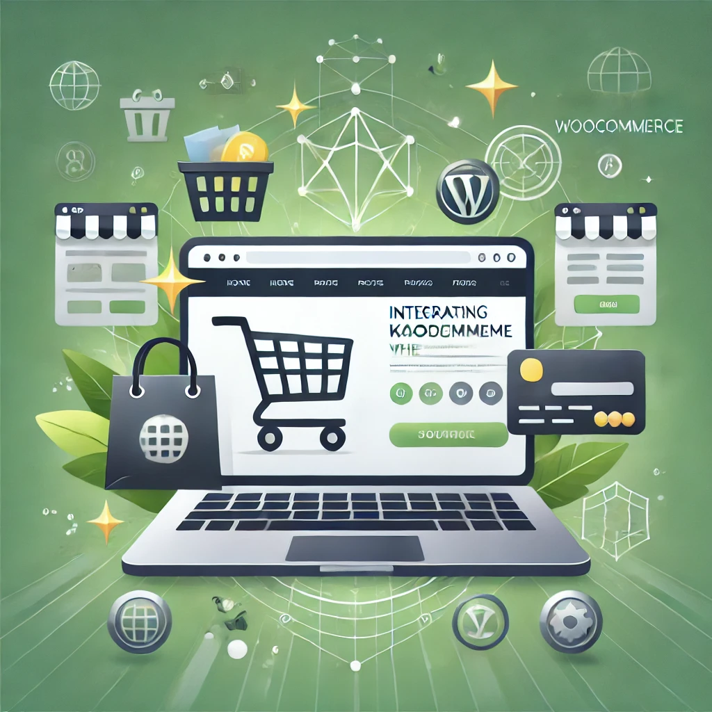 Laptop displaying an ecommerce website with shopping icons on a green-gray gradient background, titled 'Integrating Kadence Theme with WooCommerce.