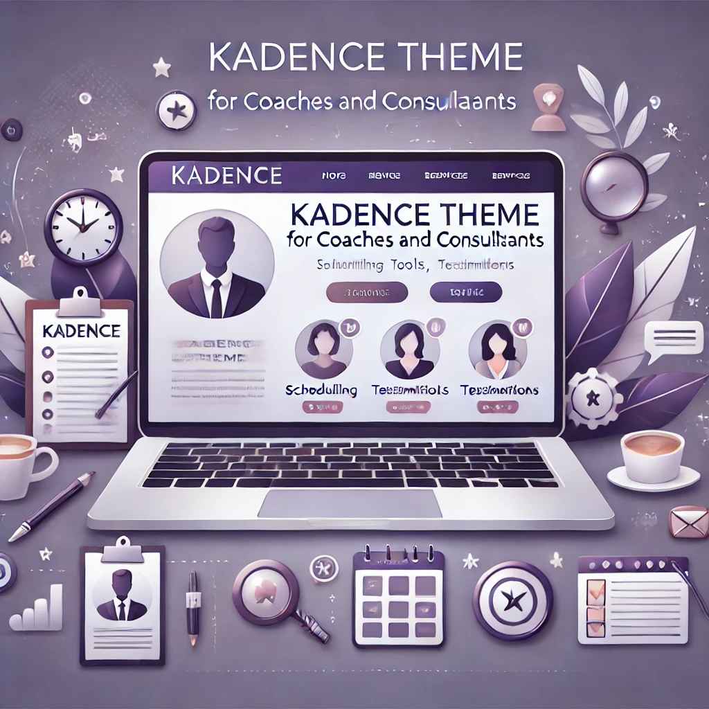 Laptop displaying a professional coaching website with consulting icons on a purple gradient background, titled 'Kadence Theme for Coaches and Consultants.