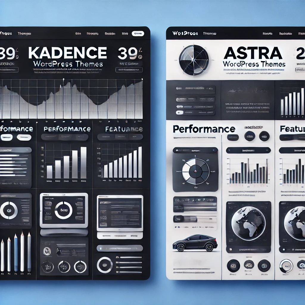 Split-screen comparison of Kadence and Astra WordPress themes showing performance and features in a modern layout.