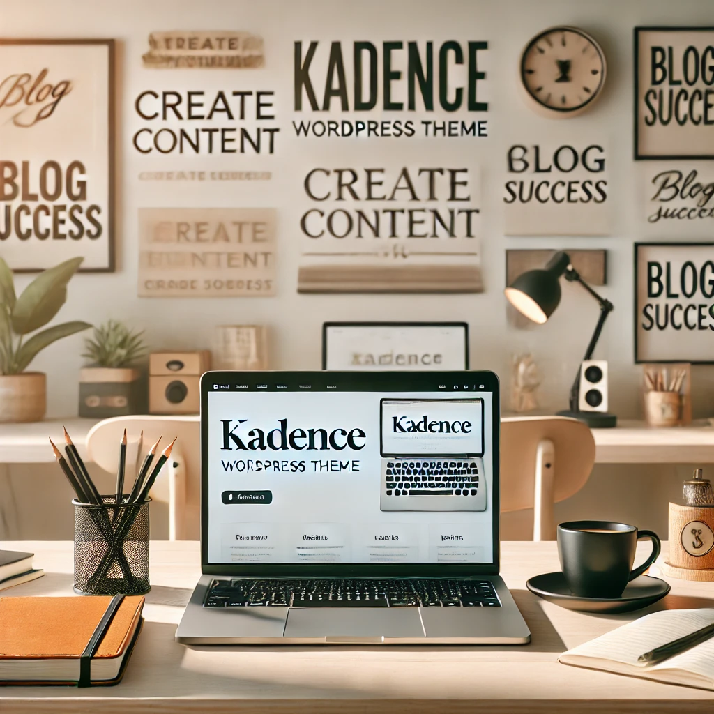 Workspace for bloggers featuring a laptop displaying the Kadence WordPress theme, surrounded by a notebook, coffee cup, and modern desk setup with soft lighting and motivational wall decor reading 'Create Content' and 'Blog Success.