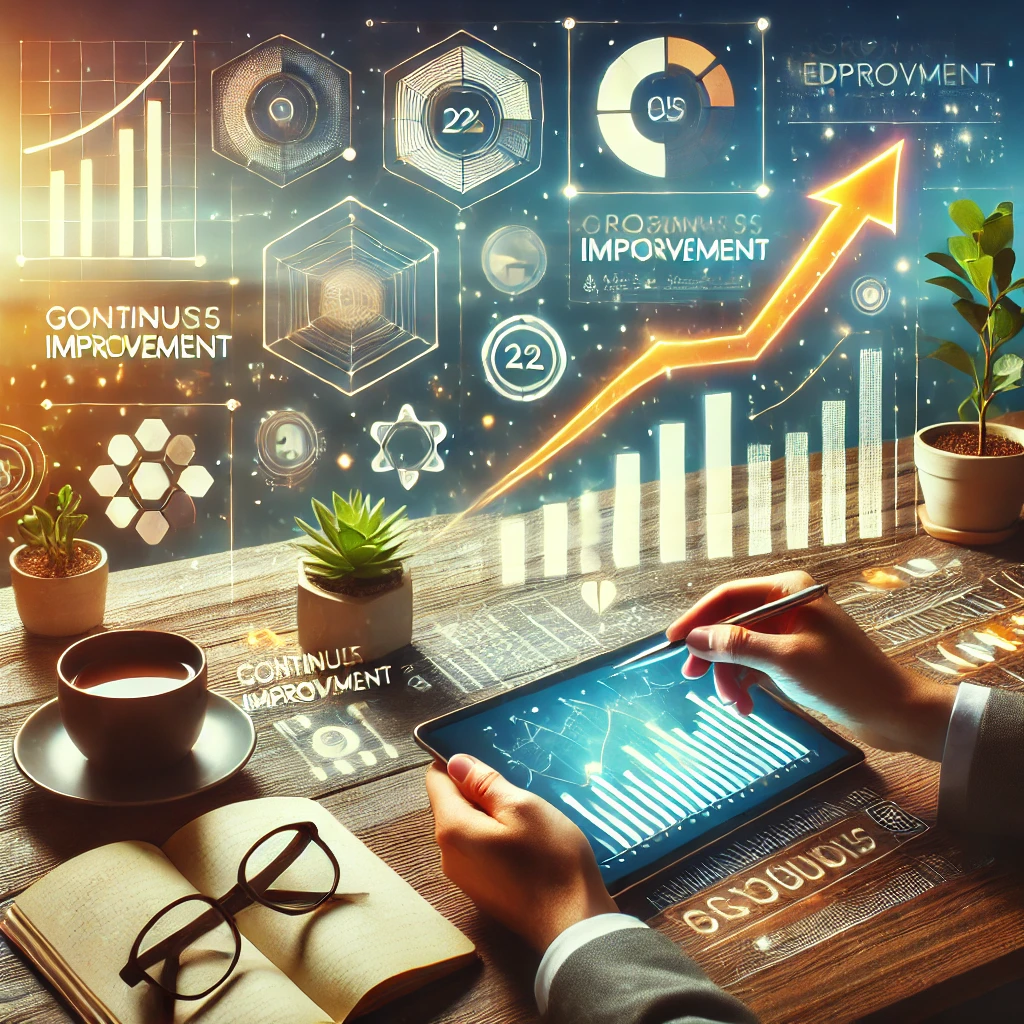 A person is working on a tablet device, analyzing data graphs and charts. The scene is futuristic with glowing elements and a focus on continuous improvement.