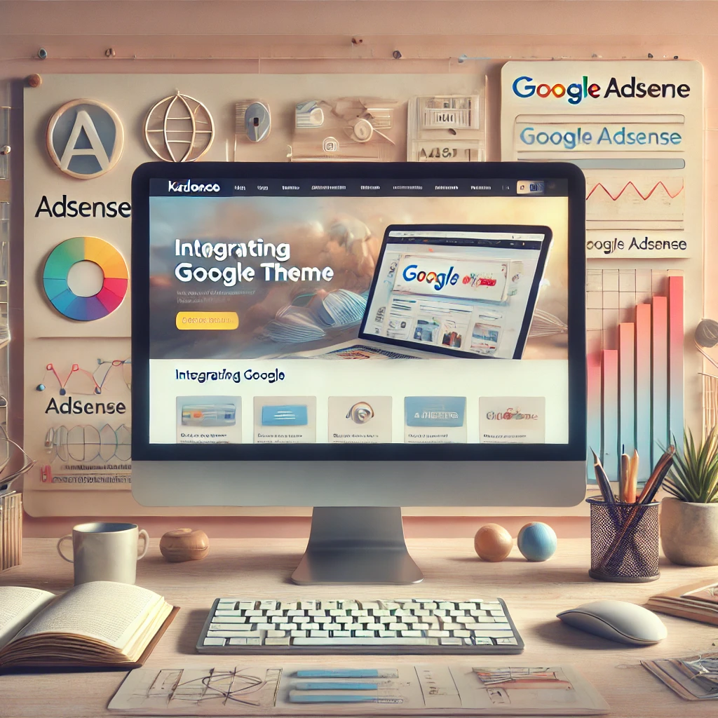 A visually appealing workspace showcasing the setup process of the Kadence theme for Google AdSense. The computer screen displays a website layout with AdSense ads integrated into the design. The modern desk setup includes a keyboard, mouse, and notebook, surrounded by symbols of monetization such as dollar signs and analytics graphs, emphasizing the theme of website monetization.