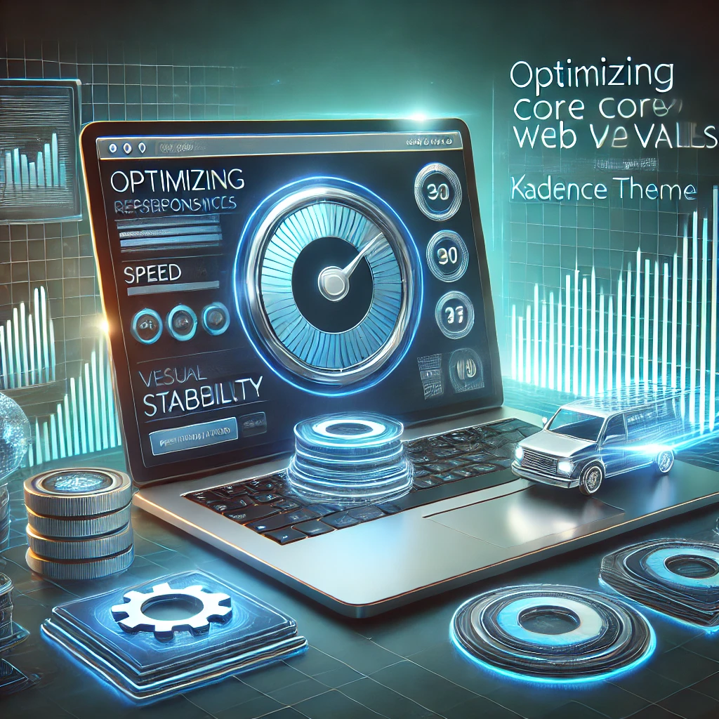 An illustrative representation of optimizing Core Web Vitals with Kadence Theme, featuring a sleek website interface displayed on a glowing laptop screen. Performance metrics such as speed, responsiveness, and visual stability are visible on a dashboard. The background includes abstract tech patterns with smooth gradients in blue, white, and green, symbolizing efficiency and modern technology. A gear icon emphasizes the optimization process.