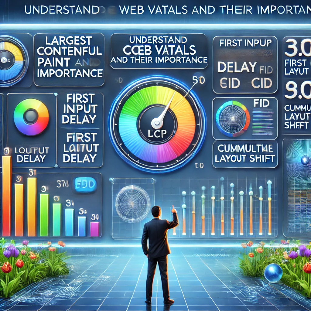 An educational illustration titled 'Understand Core Web Vitals and Their Importance,' featuring a digital dashboard displaying key web performance metrics such as Largest Contentful Paint (LCP), First Input Delay (FID), and Cumulative Layout Shift (CLS). The metrics are visualized with colorful graphics like speed gauges, bar charts, and stability icons. A central figure points to the metrics on a large screen, symbolizing explanation and learning. The background features tech-inspired patterns in shades of blue, green, and yellow, emphasizing clarity and the importance of web performance and user experience.