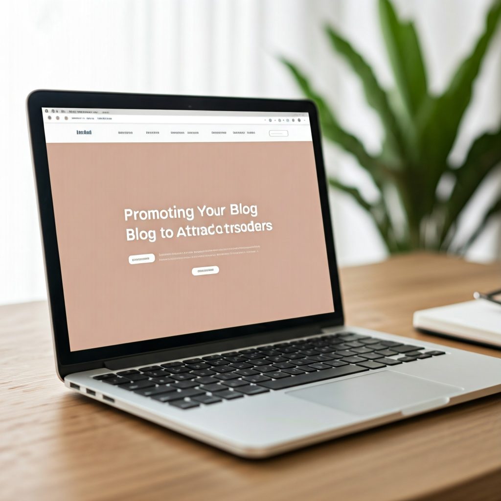 A laptop screen displaying a website with the title "Promoting Your Blog to Attract Readers"