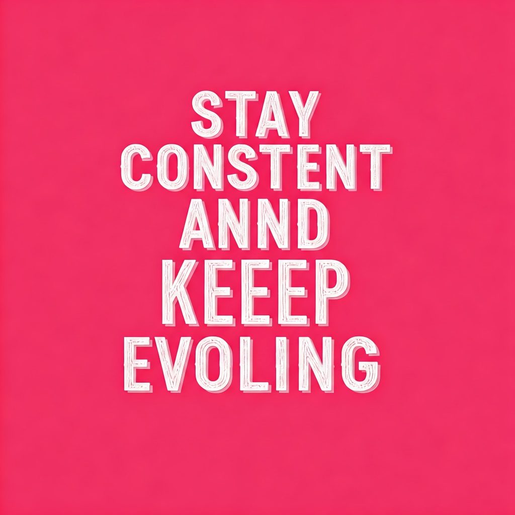 Text on a pink background: "Stay Consistent and Keep Evolving"