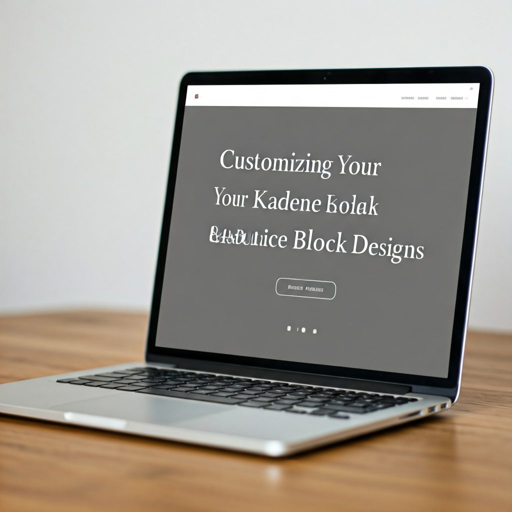 A close-up shot of a laptop screen displaying a website; the title 'Customizing Your Kadence Block Designs' in bold white font against a grey background.