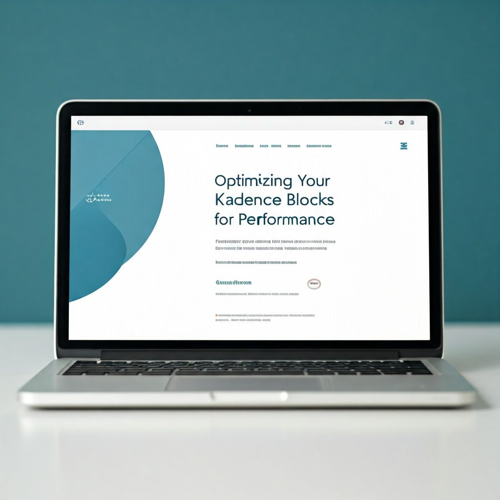 A laptop screen with a website open, the page titled "Optimizing Your Kadence Blocks for Performance," rendered in a professional, minimalist design with a light grey background and a dark blue title.