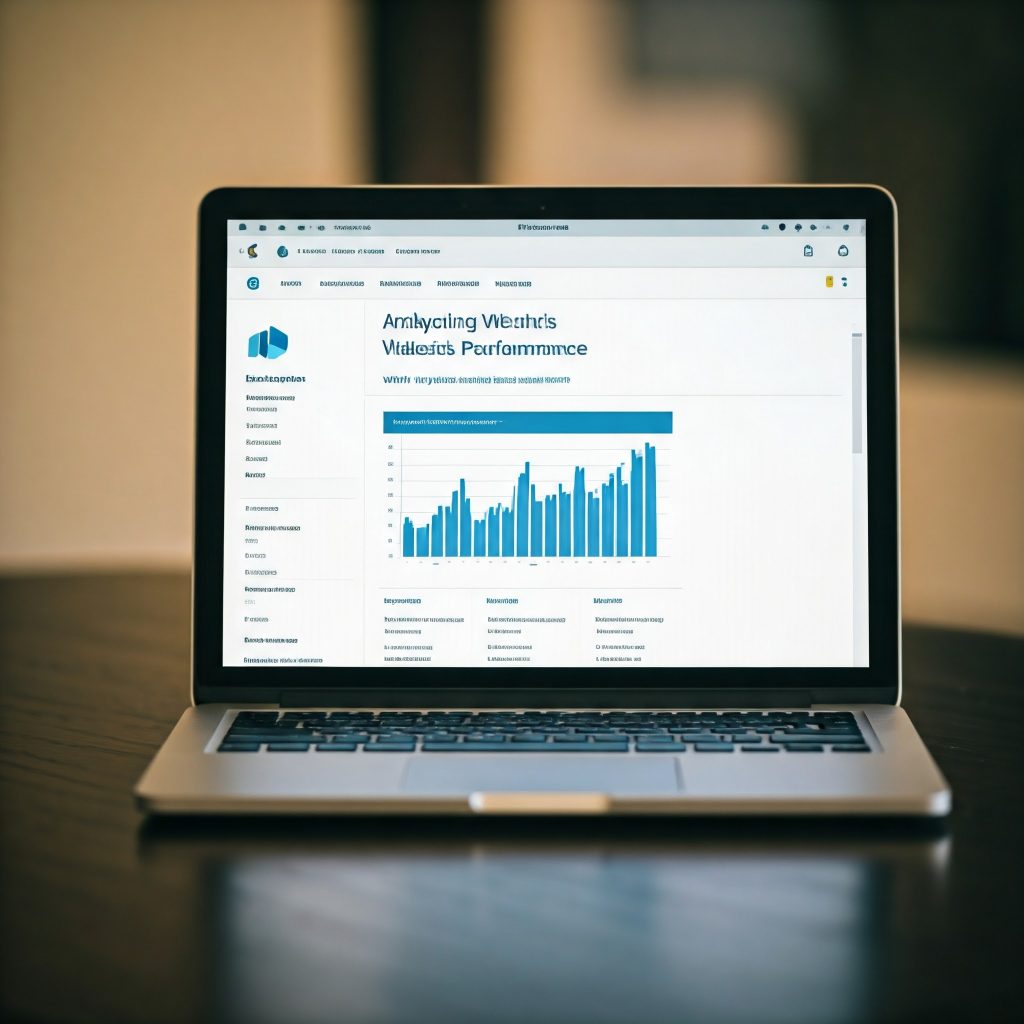 A close-up photo of a laptop screen displaying a website with the title "Analyzing Your Website's Performance with Kadence Analytics," in focus, high-contrast.