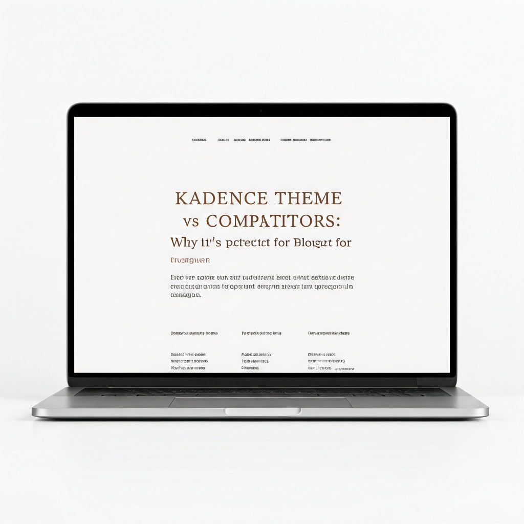 A laptop screen displaying a website with the title "Kadence Theme vs Competitors: Why It's Perfect for Bloggers" in a large, friendly font on a white background.