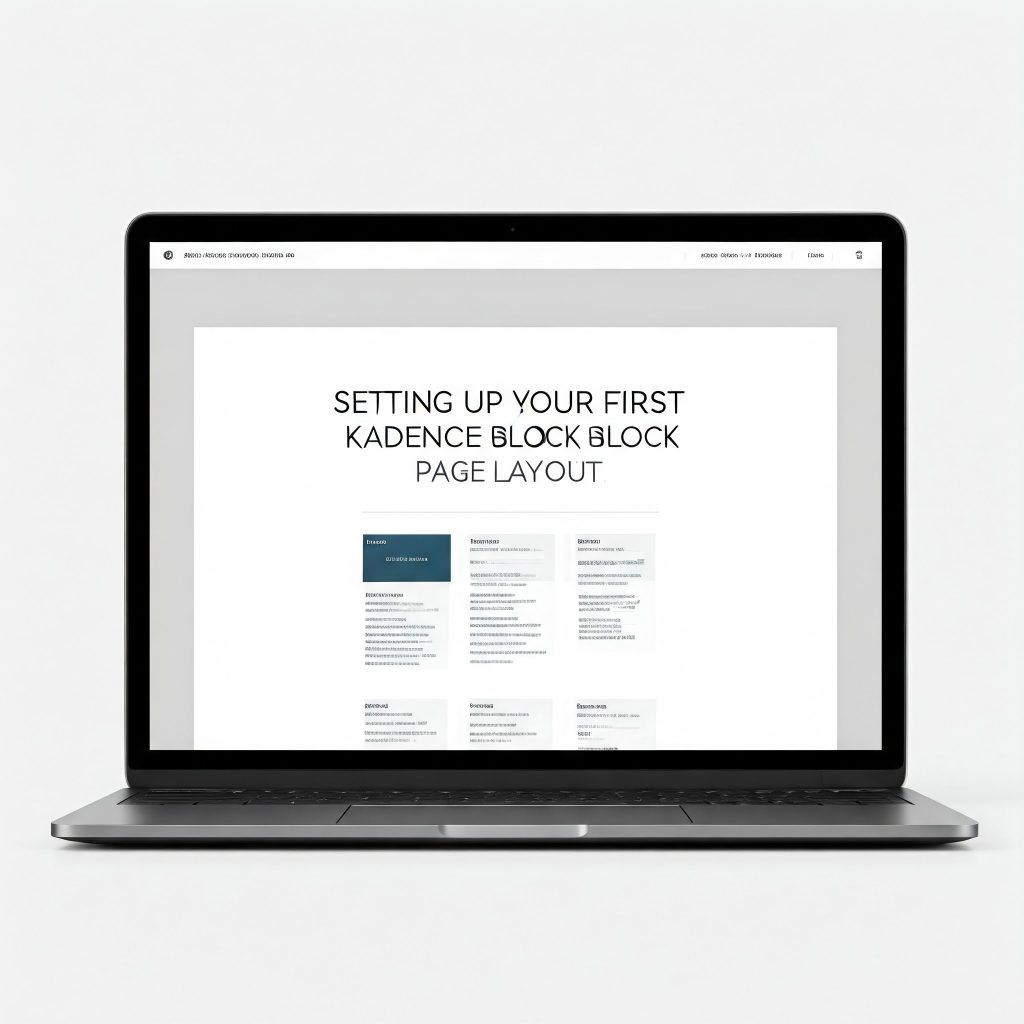 A close-up shot of a black laptop screen displaying a website, with the title "Setting Up Your First Kadence Block Page Layout" in a bold, white font on a grey background.