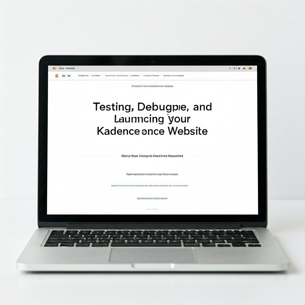 A laptop screen displaying a website with the title "Testing, Debugging, and Launching Your Kadence Website" in a large, friendly font on a white background.