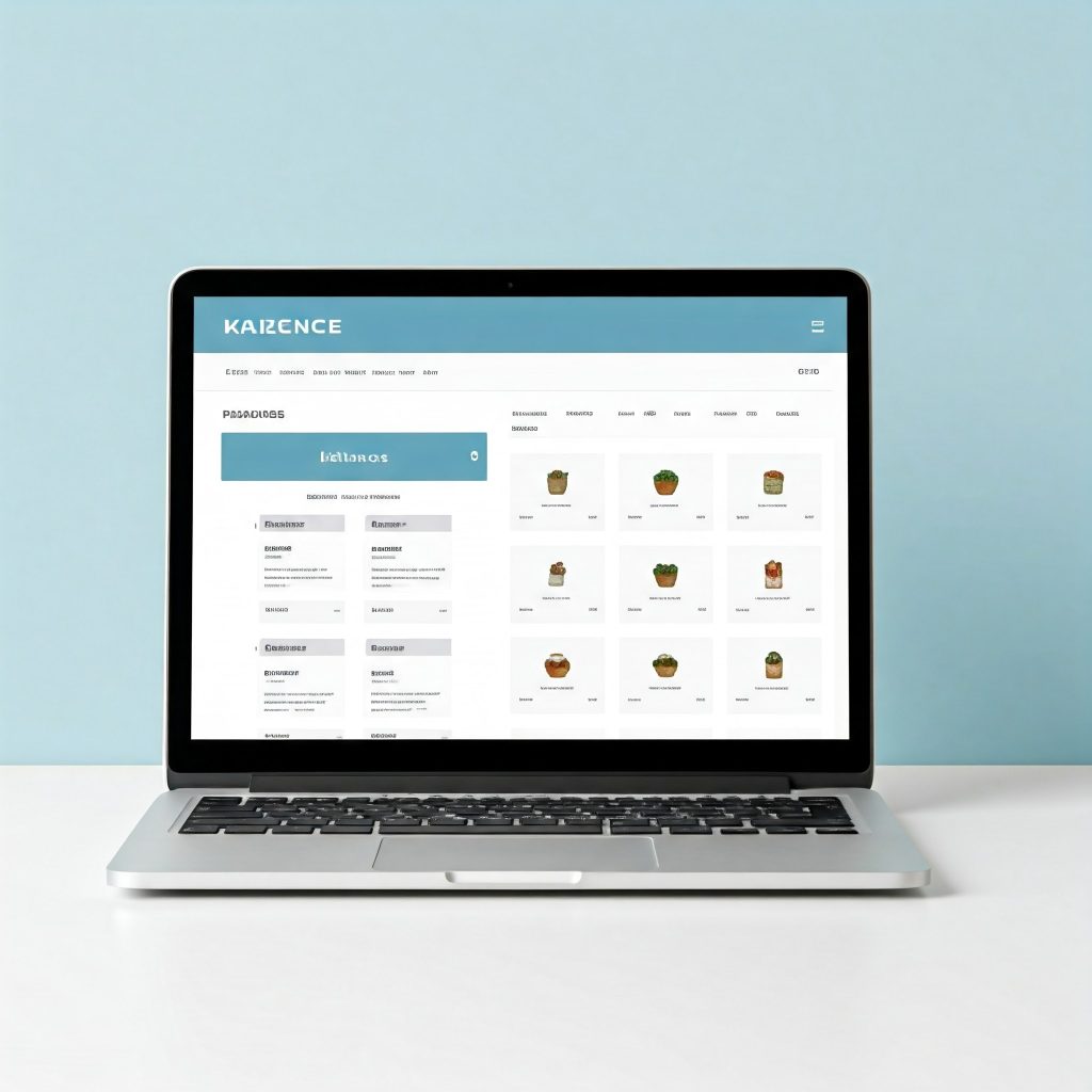 A laptop screen displaying a website builder interface with a variety of ecommerce-focused Kadence theme options, highlighted against a soft-blue background, showcasing the visual appeal of mobile-first design.