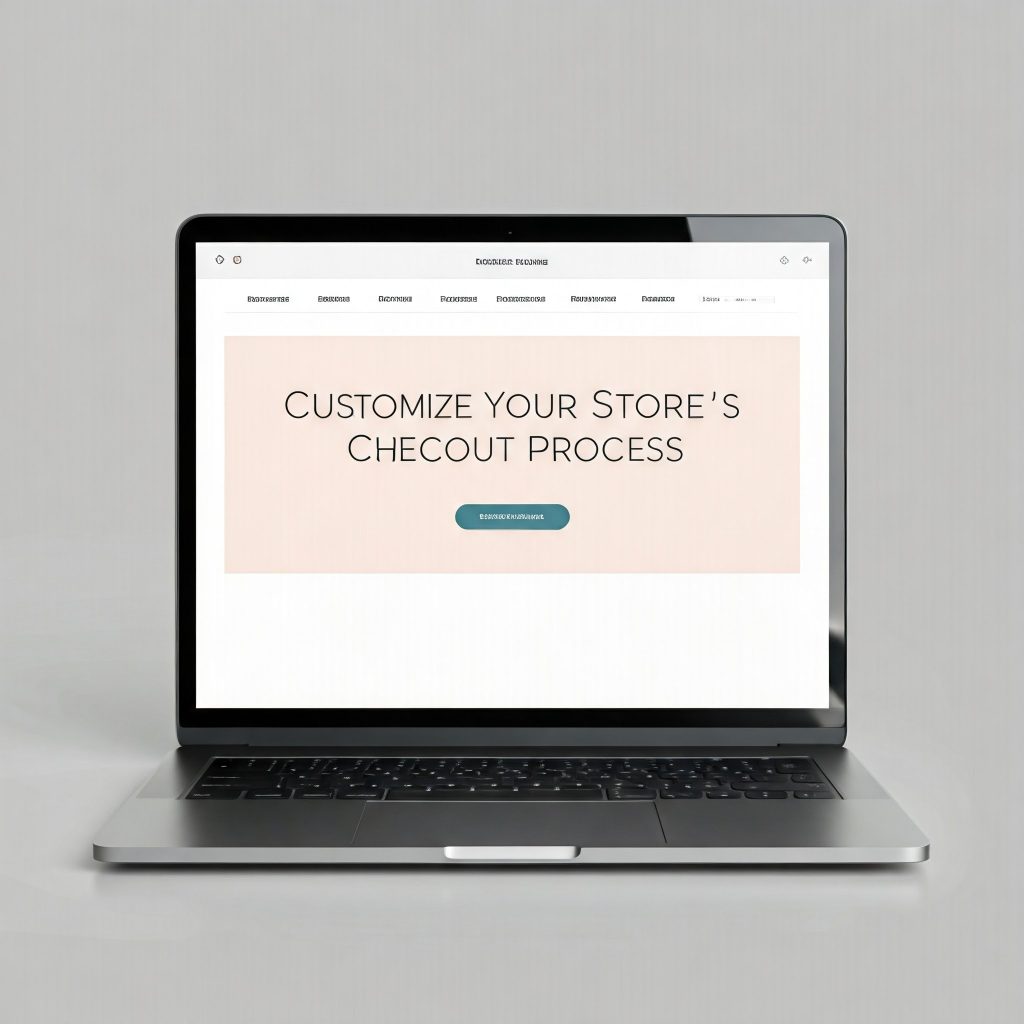 A close-up shot of a laptop screen displaying a website with a long title: "Customize Your Store’s Checkout Process" in a sleek, bold font.