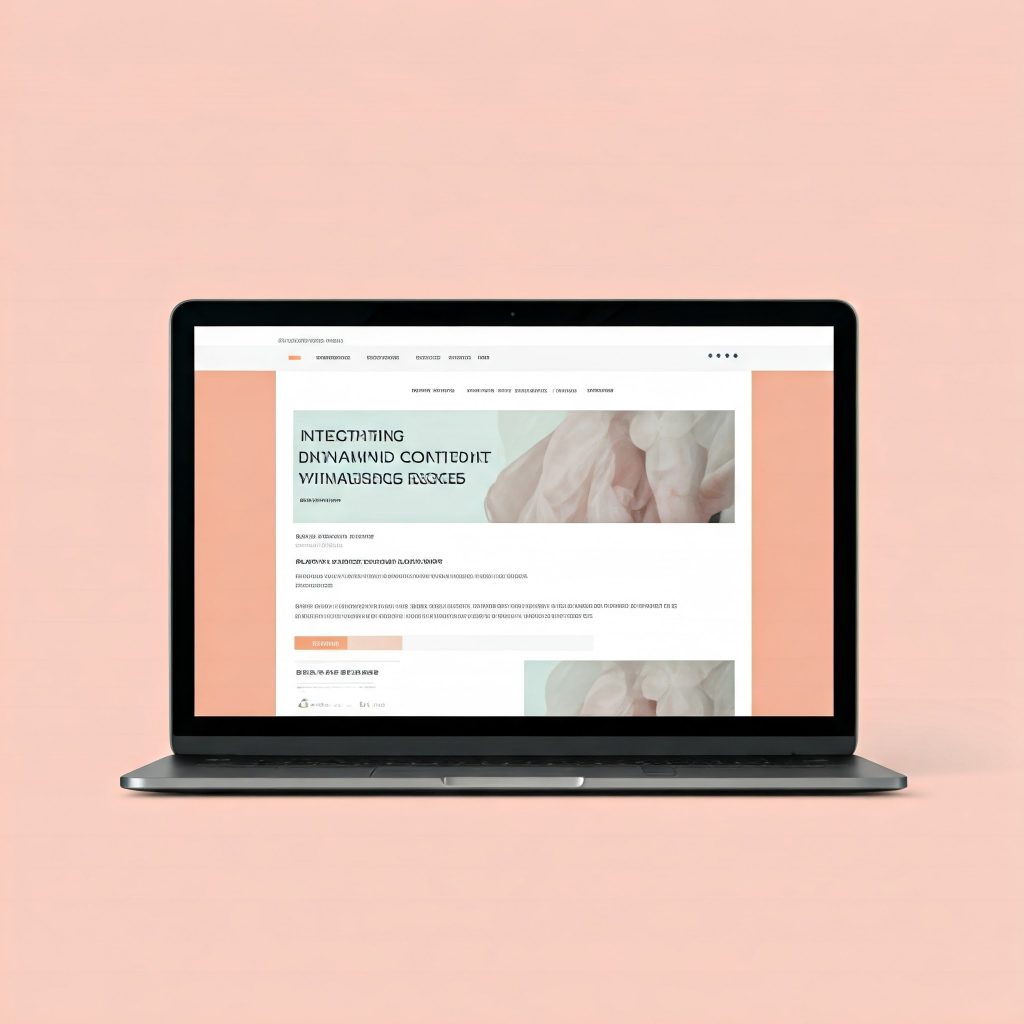  A laptop screen displaying a website with the title "Integrating Dynamic Content with Kadence Blocks". The screen shows the homepage, the website having a light and airy feel, the image rendered with muted, pastel colors.