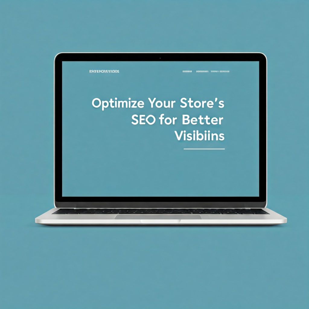 A close-up shot of a laptop screen displaying a website with the title 'Optimize Your Store’s SEO for Better Visibility' in bold, sans-serif font. The website background is a solid light blue color.