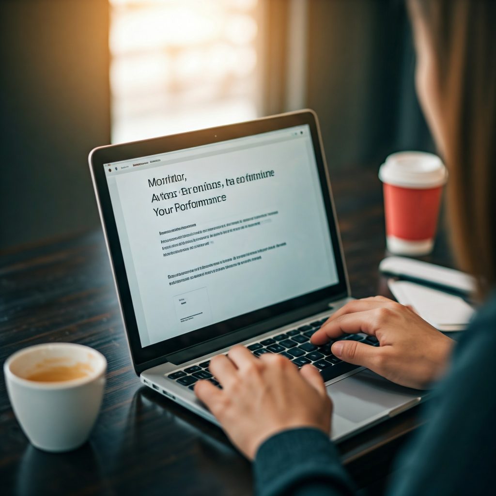 A person's hands typing on a laptop with the screen displaying a website with the title "Monitor, Analyze, and Optimize Your Store's Performance"