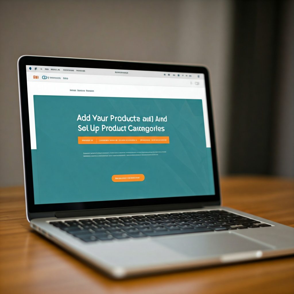 A laptop screen displaying a website with the title "Add Your Products and Set Up Product Categories"