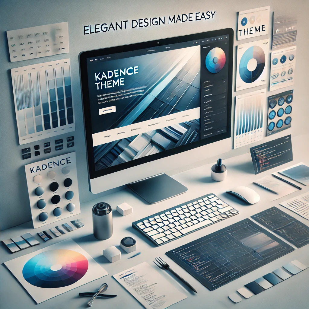 An aesthetically designed workspace featuring a computer screen displaying the 'Kadence Theme' with modern graphics, surrounded by design tools like color palettes, UI design templates, coding sheets, and various stationery items, emphasizing the theme 'Elegant Design Made Easy.