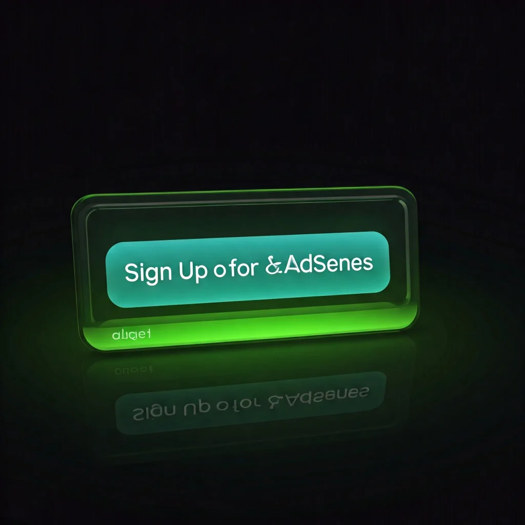 A glowing, rectangular button with the text "Sign Up for &AdSenses" on a dark background. The button has a reflective surface and appears to be made of glass.