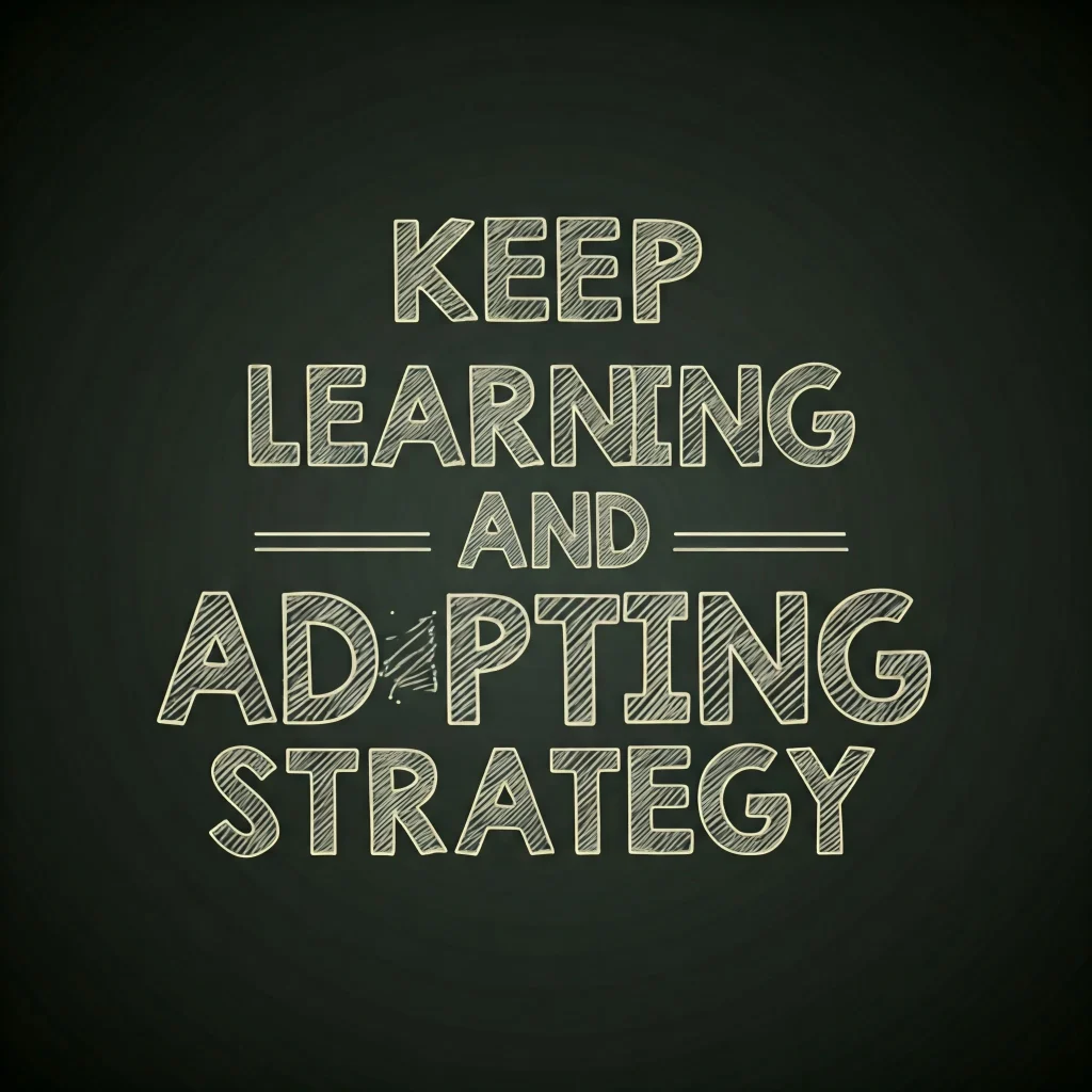 Text on a blackboard: "KEEP LEARNING AND ADAPTING STRATEGY" written in a chalk-like style.