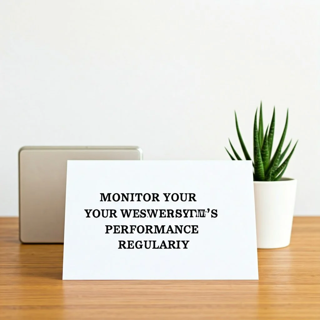 A white card with the text "MONITOR YOUR YOUR WESWERSYTM'S PERFORMANCE REGULARILY" displayed on a wooden table, next to a small potted plant.