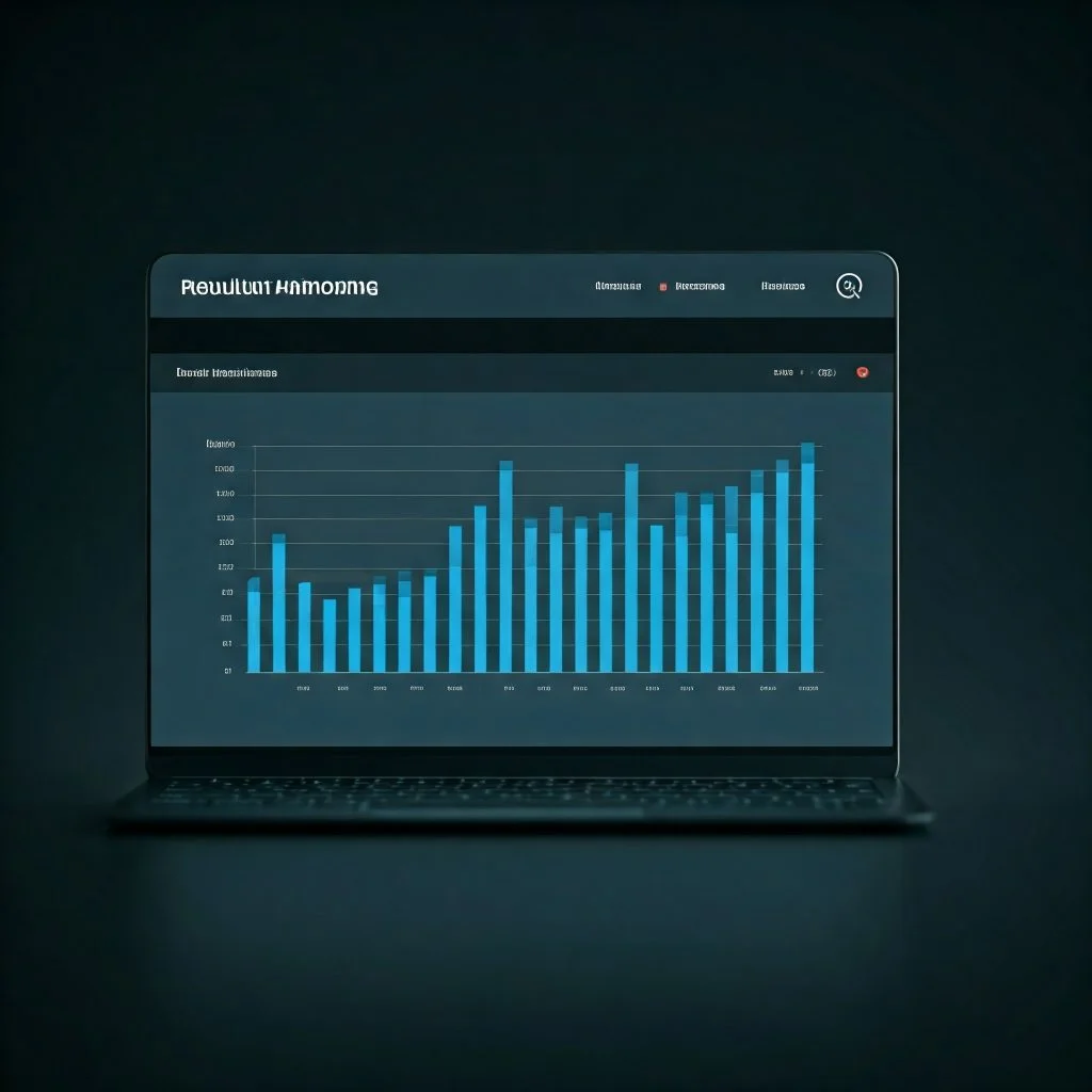 A laptop displaying a graph with blue bars. The graph appears to be tracking some kind of performance metric over time. The title of the graph is in a language other than English, but it likely says something like "Performance Over Time" or "Daily Performance."