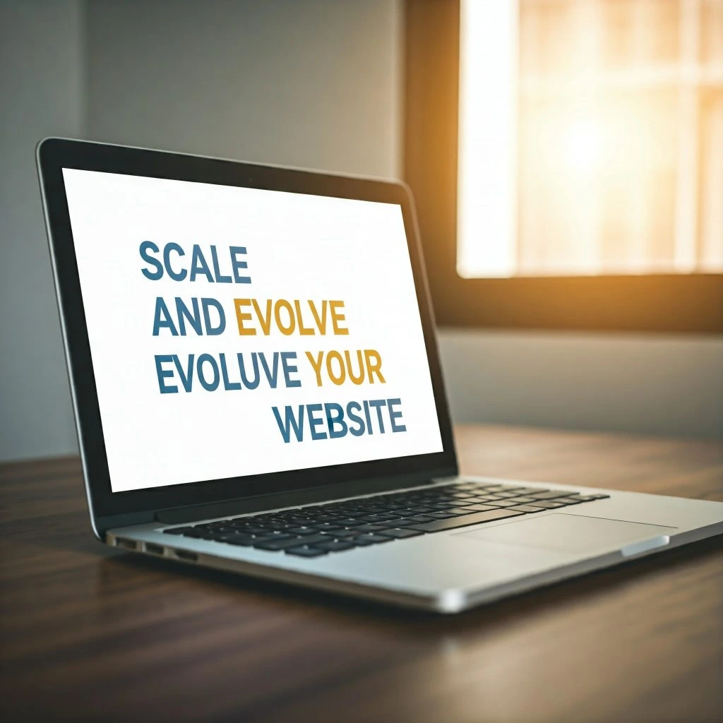 A laptop computer displaying the text "Scale and Evolve Your Website" on its screen.