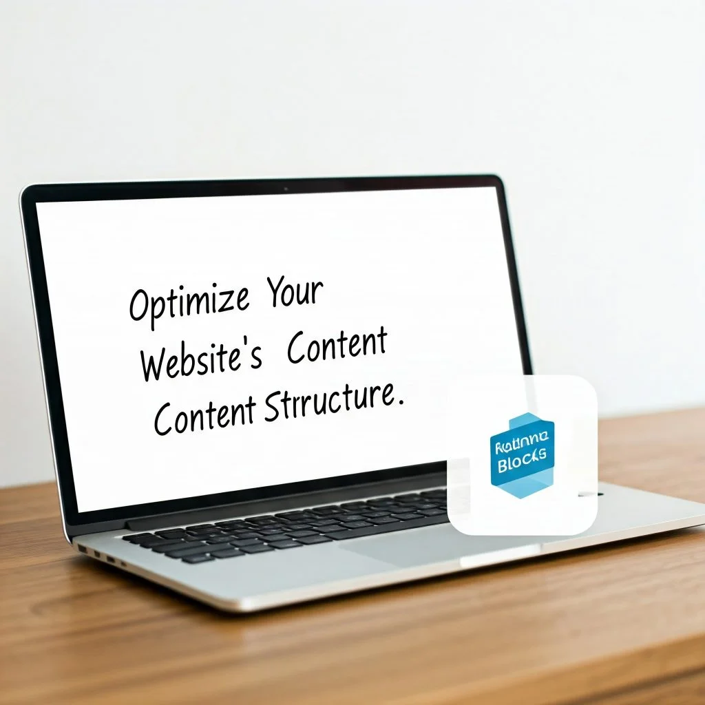 A laptop displaying the text "Optimize Your Website's Content Structure" on its screen. A small icon with the text "Ratna Blocks" is visible in the bottom right corner.