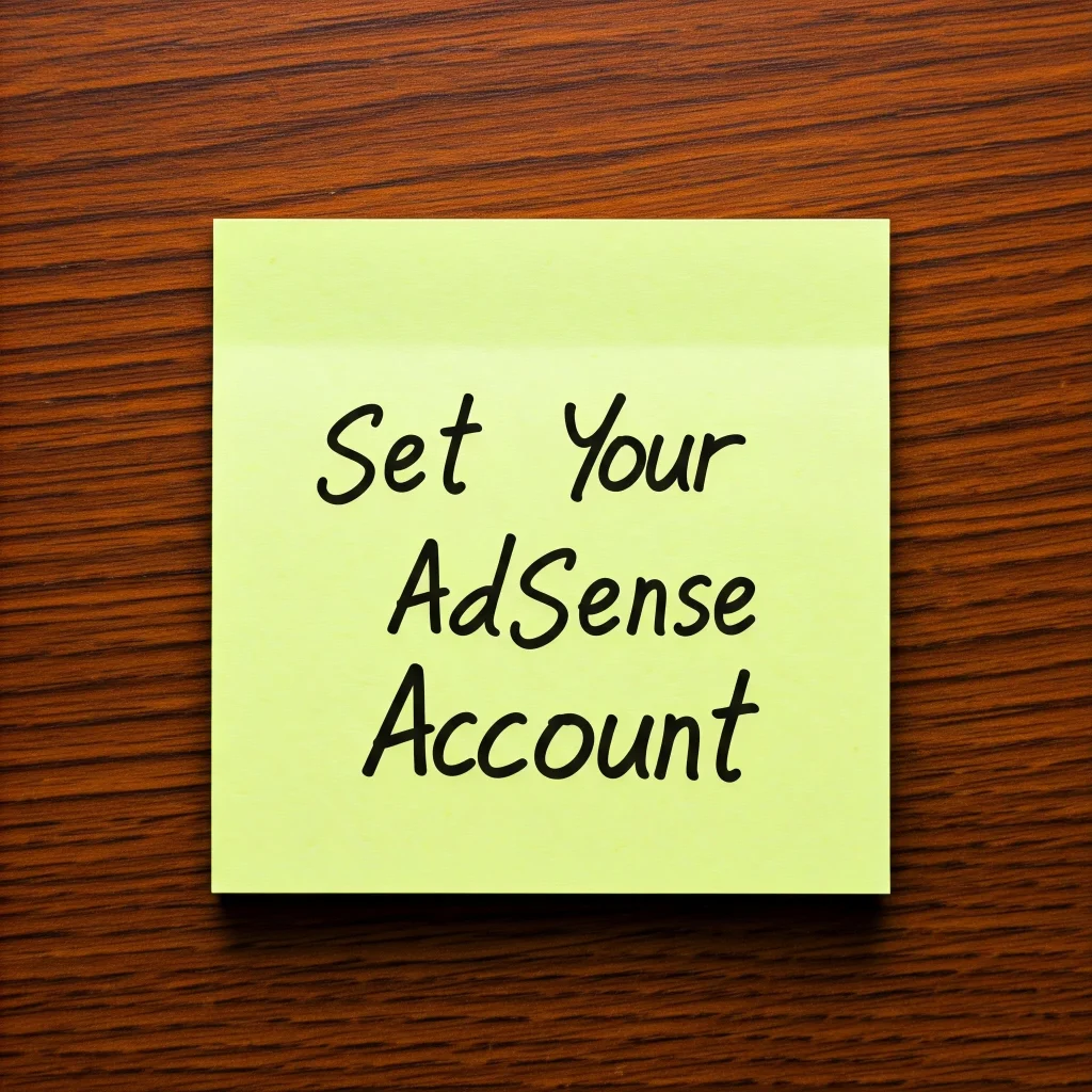 A yellow sticky note with the text "Set Your AdSense Account" written on it, stuck to a wooden surface.