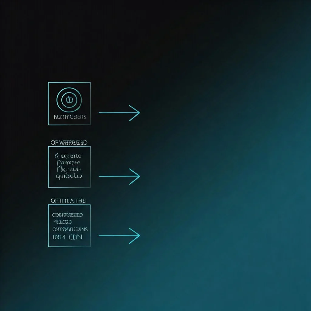 A diagram illustrating a process with three stages.

Stage 1: "INCOMING REQUESTS"
Stage 2: "OPTIMIZATION" with subpoints like "Minification," "Compression," and "Caching"
Stage 3: "OPTIMIZED ASSETS" with subpoints like "Smaller File Sizes," "Faster Load Times," and "Reduced Server Load"
Arrows connect each stage, indicating a sequential flow.