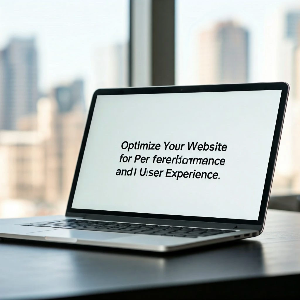 A laptop computer displaying the text "Optimize Your Website for Performance and User Experience" on its screen.