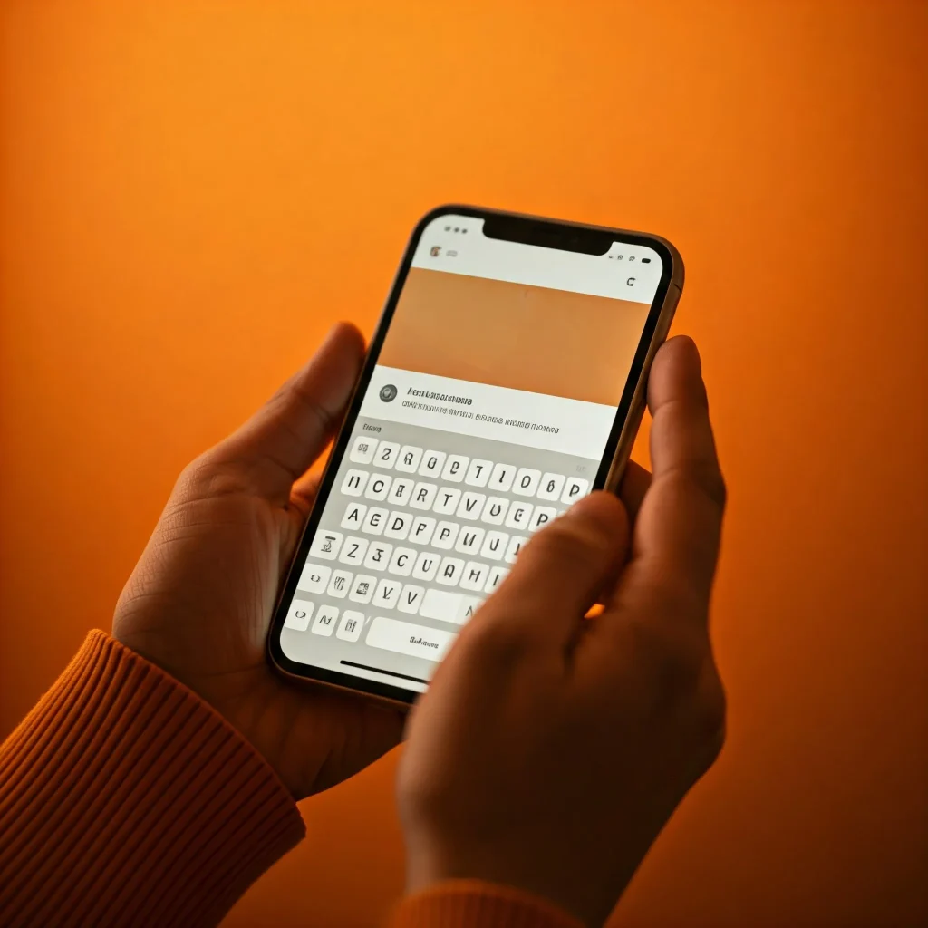 A person is holding a smartphone in their hands. The phone is displaying a social media app, with a keyboard visible on the screen. The person appears to be typing a message.