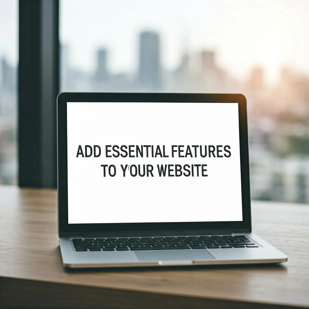 A laptop computer displaying the text "Add Essential Features to Your Website" on its screen.