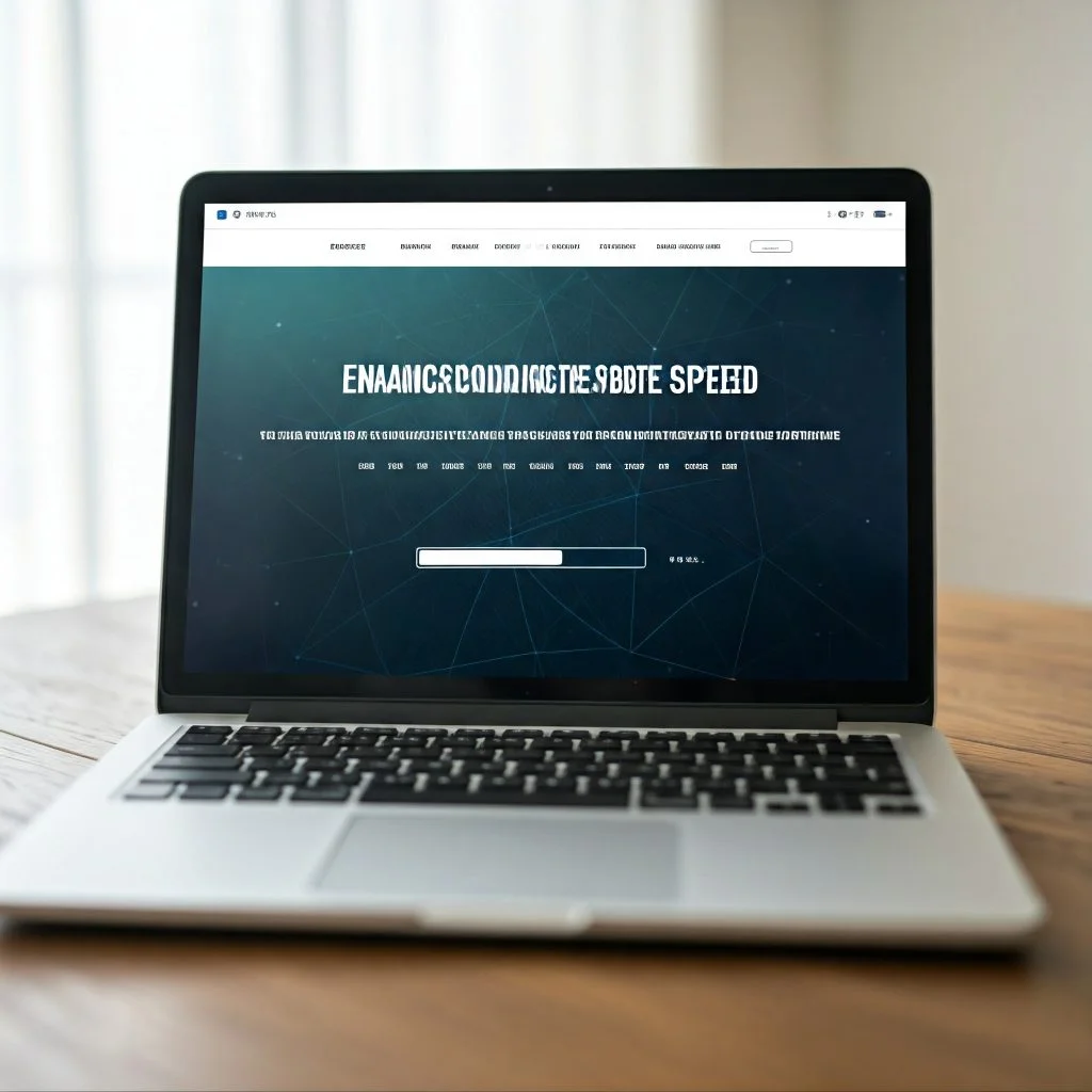 A laptop displaying a website with the title "Enhancing Coding Website Speed". The website appears to be under construction or loading, as indicated by a progress bar.