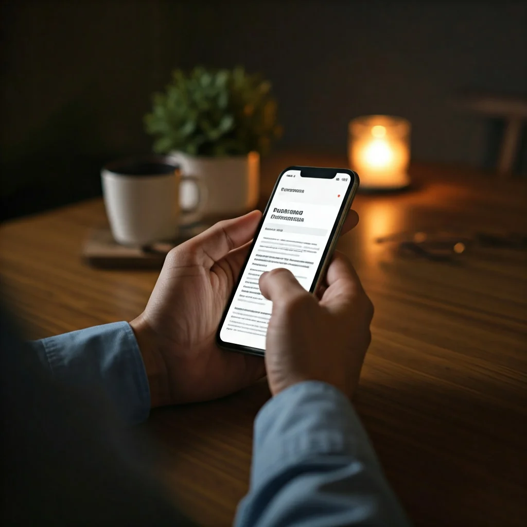 A person is holding a smartphone in their hands, scrolling through an article or document on the screen. The phone is illuminated by a warm light source.