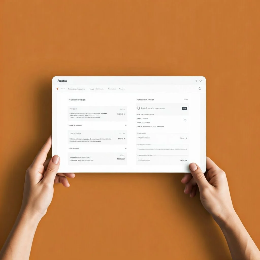 A person holding a tablet showing a financial dashboard. The dashboard displays information such as income, expenses, and savings.