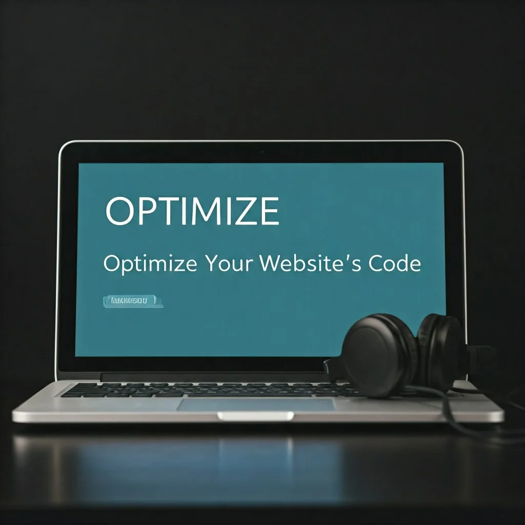 A laptop displaying the text "OPTIMIZE" and "Optimize Your Website's Code" on its screen. A pair of headphones is placed next to the laptop.