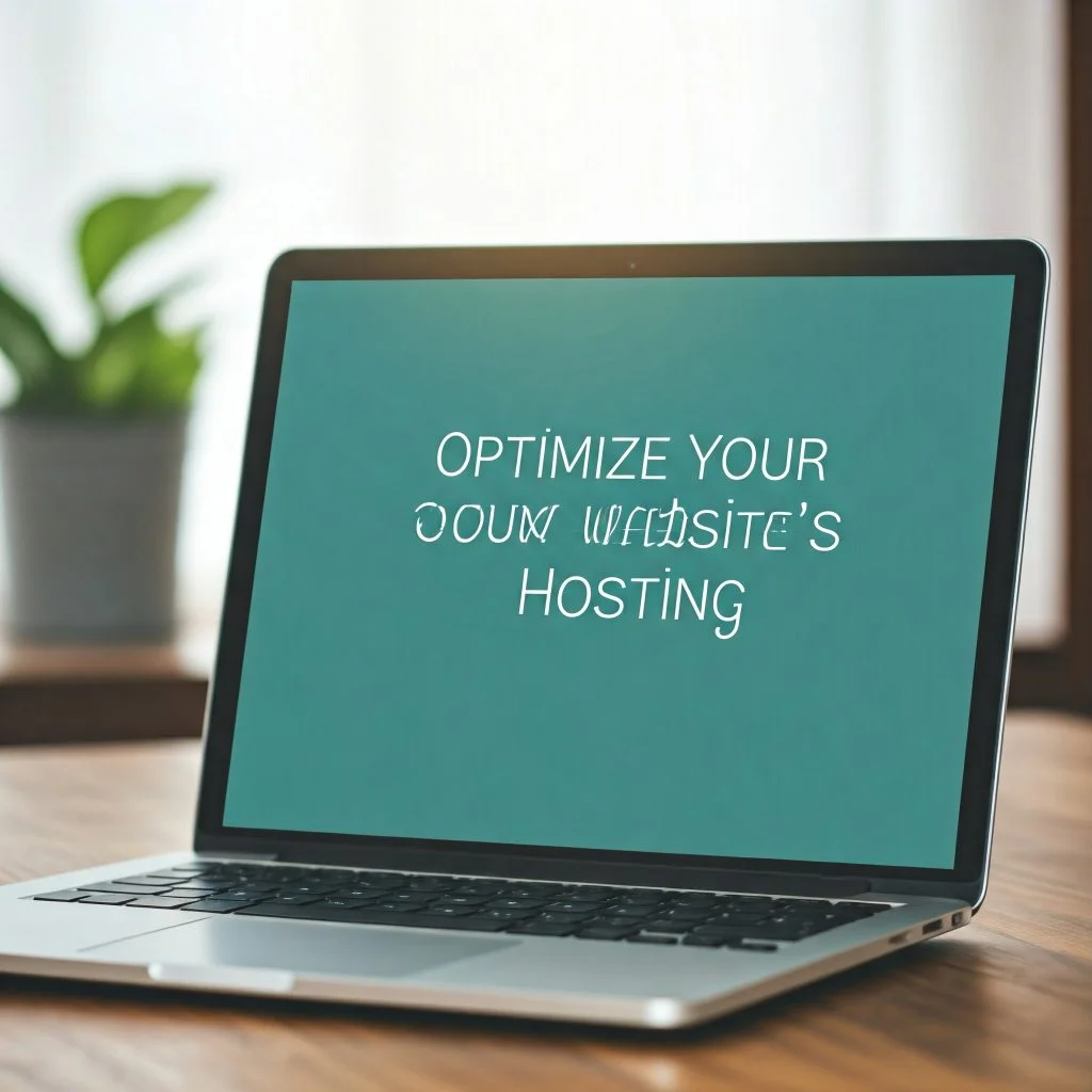 A laptop computer displaying the text "Optimize Your Website's Hosting" on its scree