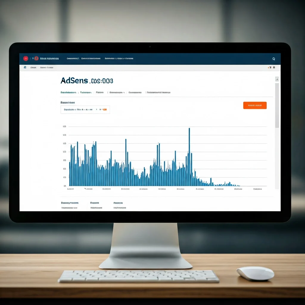 A computer screen displaying an AdSense dashboard. The dashboard shows a bar graph likely representing ad impressions or clicks over time. The dashboard also includes other data points and metrics related to AdSense performance.