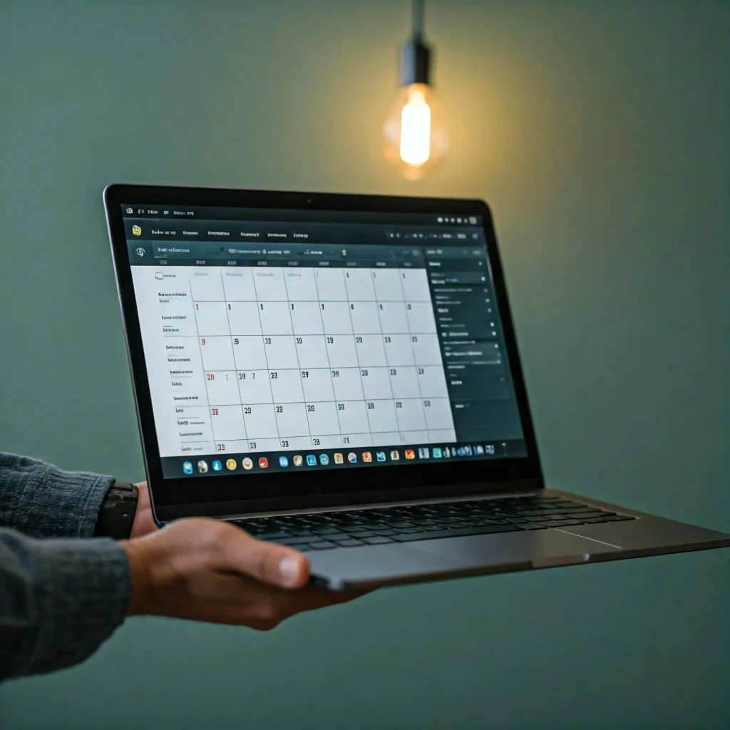 A person holding a laptop computer with a calendar application open on the screen. The calendar shows the current month with dates and possibly some appointments or events marked.