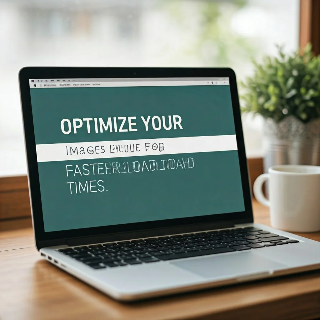 A laptop computer displaying the text "Optimize Your Images for Faster Load Times" on its screen.