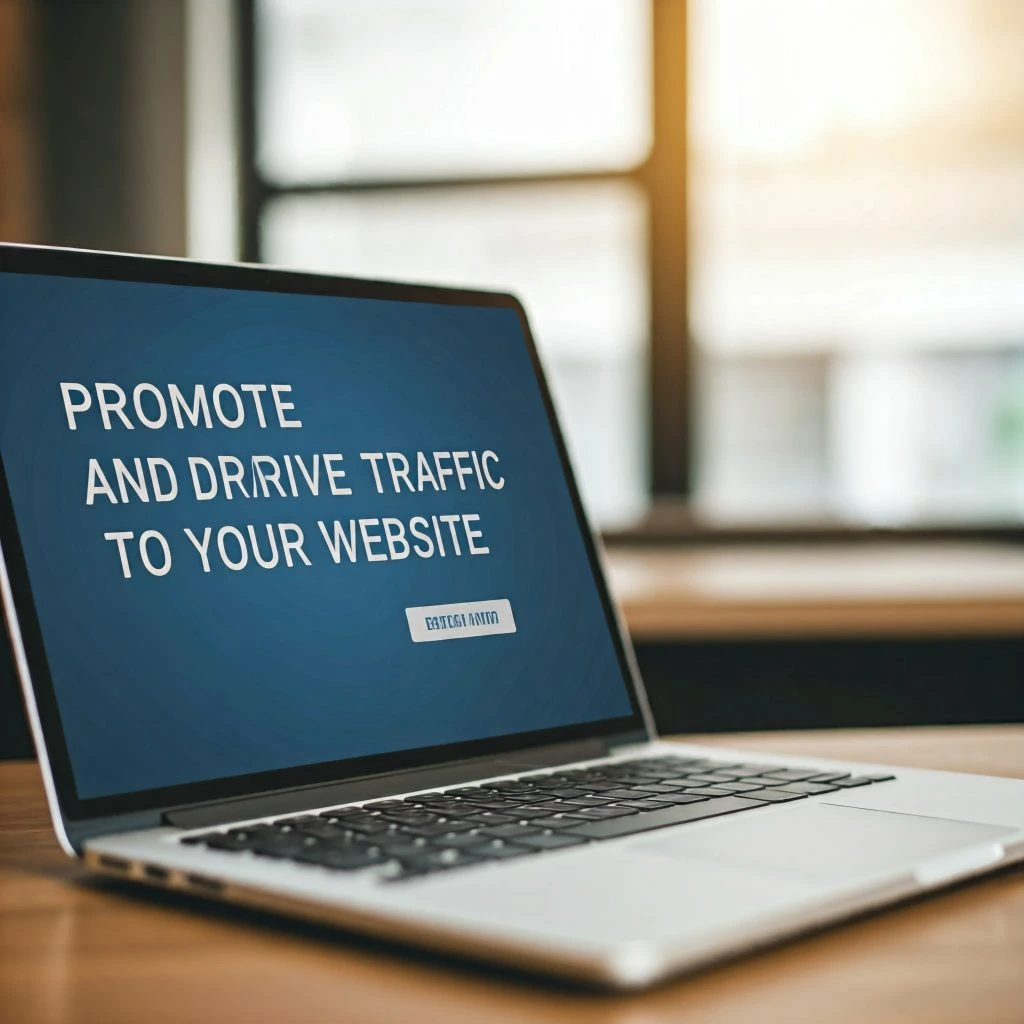 A laptop computer displaying the text "Promote and Drive Traffic to Your Website" on its screen.