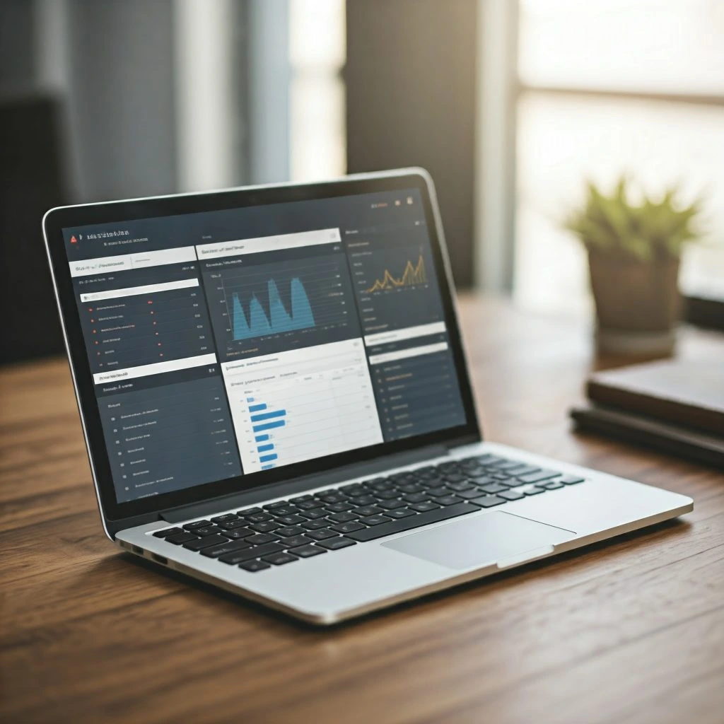 A laptop computer displaying a dashboard with various charts and graphs. The dashboard appears to be tracking website analytics or business metrics.